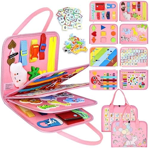Esjay Toddler Busy Board Montessori Toys for Girls, Sensory Book Educational Activities for Learning Fine Motor Skills, Birthday Gifts for Girls Toddlers, Travel Toys for Airplane Car, Pink Multipages - Image 1