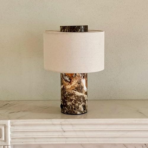 Marble Lamp, Stone Table Lamps Collection - Modern Cylindrical Lampshade Cordless Luxury Design Bedside Brown Lamp for Home Decor, Bedroom, Living Room & Office (Rechargeable Emperador Dark Lamp) - Image 1