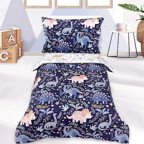 Pea Pod 4 Piece Dinosaur Toddler Bedding Set for Boys, Premium Blue Toddler Comforter Set Crib Sheets Set Includes Flat Top Sheet, Fitted Sheet, Comforter, Envelope Pillowcase,Ultra Soft - Image 1