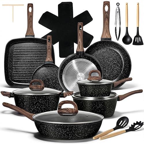 EWFEN 25 Pcs Pots and Pans Set, Nonstick Ceramic Cookware Sets, Healthy Non-Toxic, Large Capacity, Induction Compatible, Cooking Set with Frying Pans & Saucepans, PFAS/PTFE/PFOA Free, Classic Black - Image 1