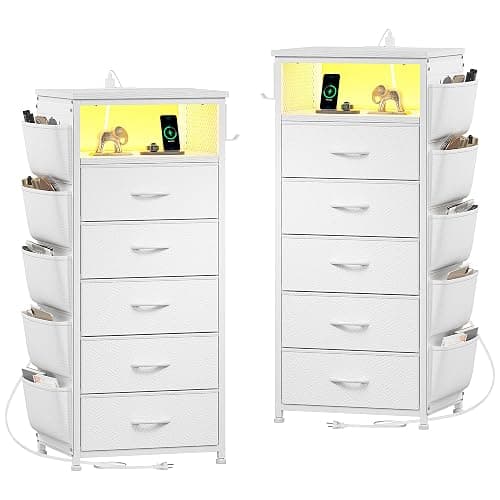 EnHomee Tall Night Stand Set 2 with 5 Drawers, LED Nightstand with Ports & Outlets, White Dresser with Extra Side Bag & Storage Shelf & Hooks, Bedroom, Dorm, Closet - Image 1