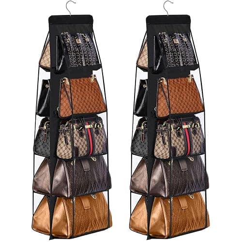 CJWLKJ 2 Pcs 10 Pockets Hanging Purse Handbag Organizer Clear Hanging Shelf Bag Collection Storage Holder Purse Bag Wardrobe Closet Space Saving Organizers (Black) - Image 1