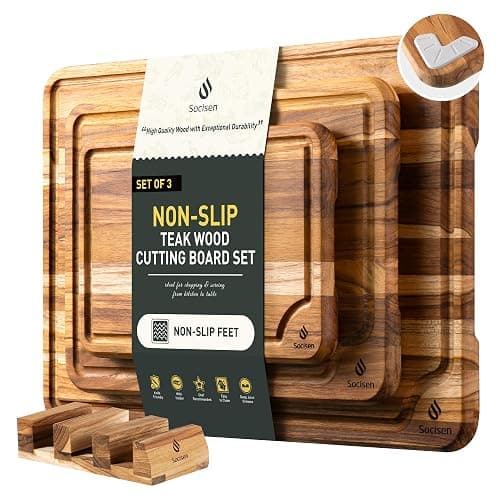 3 Pack Teak Wood Cutting Board Set for Kitchen Charcuterie Board Serving Heavy Duty Non Toxic Slip Over Sink Solid Thick Haus Wooden Chopping Board Large Big Small Meat Best Kitchen Essential Gift - Image 1