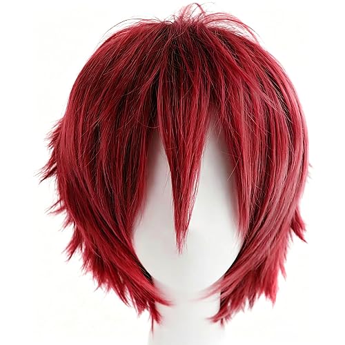 S-noilite Short Wine Red Wig Unisex Mens Womens Burgundy Cosplay Costume Anime Wig Short Spiky Layered Pixie Wigs for Halloween Christmas Carnival Comic-cons Theme Party - Image 1