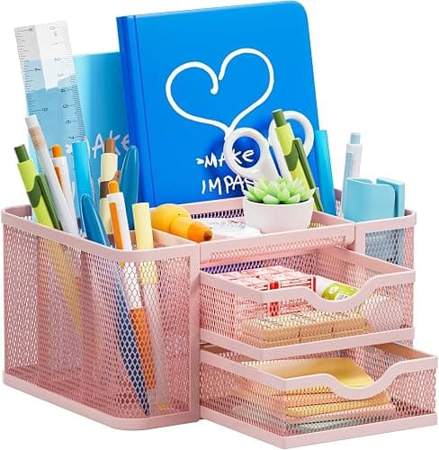 Marbrasse Netz Schreibtisch-Organizer,Multifunktionaler Stiftehalter mit 2 Schublade,Schreibtisch Aufbewahrung Zubehör für Heim Büro Bedarf (Rosa) - Rosa - Image 1