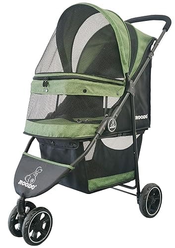 ROODO 3 Wheel Pet Stroller Best Lightweight Foldable Compact Portable Jogger All Terrain Travel Pet Gear Puppy Kitty Stroller for up to 30lbs Medium Small Dogs and Cats(Green) - Image 1