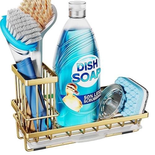 Consumest Sink Caddy, Kitchen Sponge Holder with Dish Brush Holder, Kitchen Sink Organizer with Drip Tray for Countertop, Stainless Steel Rustproof - Gold - Image 1