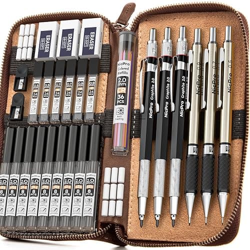 Nicpro 30PCS Art Mechanical Pencil Set in Leather Case, Metal Drafting Pencil 0.5 mm, 0.7 mm, 0.9 mm & 3 PCS 2mm Lead Holders for Sketching Drawing With 16 Tube (6B 4B 2B HB 2H 4H Colors) Lead Refills - Image 1