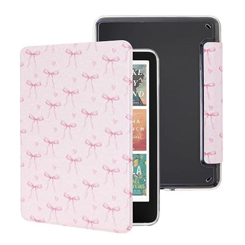 Vane Oak Case for 7'' Kindle Paperwhite 12th Gen 2024 and Kindle Colorsoft Signature Edition, Slim PU Shell Cover Case with Auto Wake/Sleep, Pink Bow Tie - Image 1
