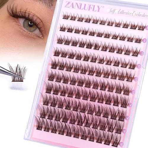 Self Adhesive Eyelashes Brown Self Adhesive Lash Clusters Natural No Glue Lashes Dark Brown Eyelash Extensions Pre-glued Eyelash Clusters Wispy Press on Individual Lashes 8-16mm by ZANLUFLY - Image 1