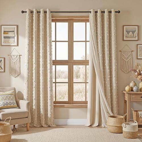 MYSKY HOME Beige Boho Curtains for Living Room 84 Inches Long Blackout Bohemian Curtains 2 Panels Beige Pom Pom Sheer Thermal Insulated Rustic Grommet Privacy Room Darkening Window Drapes 52" x 84" - Image 1