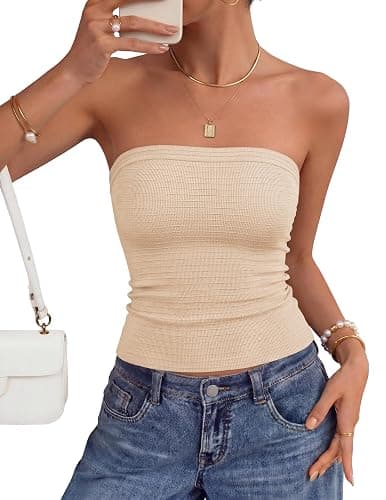 ZESICA Womens Summer Strapless Tube Tops 2026 Ribbed Bandeau Off Shoulder Knit Top Slim Fit Crop Ruched Beach Outfits - Image 1
