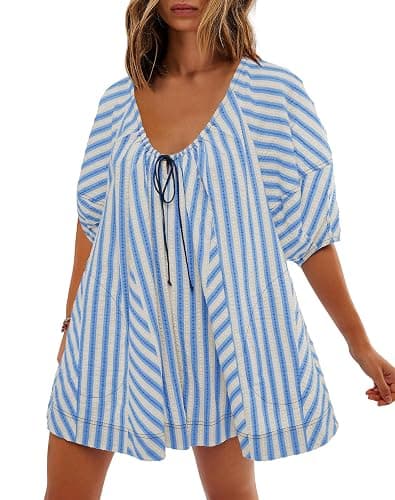SENSERISE Womens Striped Romper Puff Sleeve Mini Shorts Romper Dress Beach Vacation Outfits with Pockets - Medium - Blue - Image 1