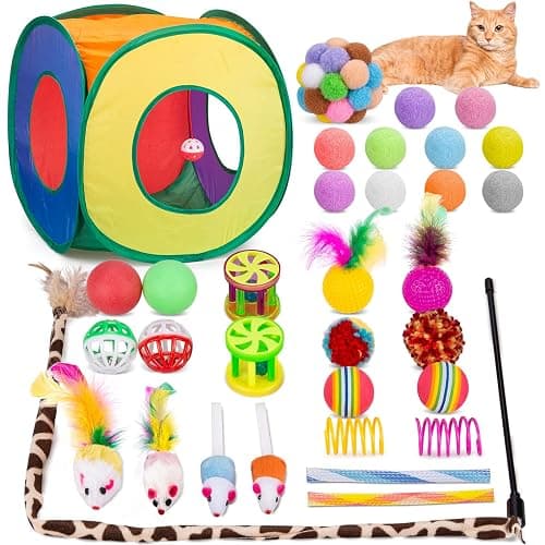 Retro Shaw 33 Pcs Cat Toys Set, Interactive Kitten Toys for Indoor Cats Kitty with Collapsible Play Tunnel Tent, Feather Teaser Wand Bell Balls Springs Mouse Toys for Boredom Relief & Exercise - Image 1