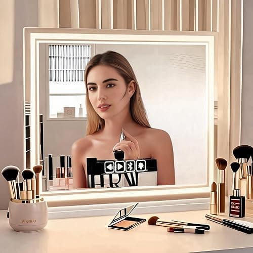 MKupView 27.6"X21.7" Wall-Mounted Mirror Large Vanity Mirror with LED Lights & Play Music Vanity Mirror Touch Screen with 3-Color Lighting Memory Function USB Charging & Magnifying Glass - 21.7"L x 27.6"W - Image 1