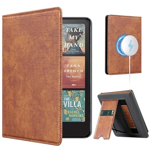CoBak Stand Case for 7" Kindle Paperwhite 12th Gen 2024 and Kindle Colorsoft with Hand Strap - Compatible with iPhone MagSafe, for Samsung/Belkin/Anker Wireless Charging Pads, Durable, Auto Sleep Wake - *Magnetic Croco Brown - Image 1