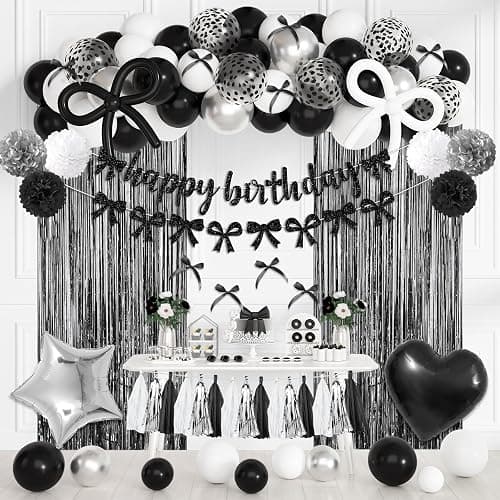 Black Bow Birthday Party Decorations, Coquette Bow Black and White Silver Confetti Long Balloons Happy Birthday Banner Fringe Curtain Tassel Pompoms for Women Girls Theme Baby Shower Party Supplies - Black Bow - Image 1