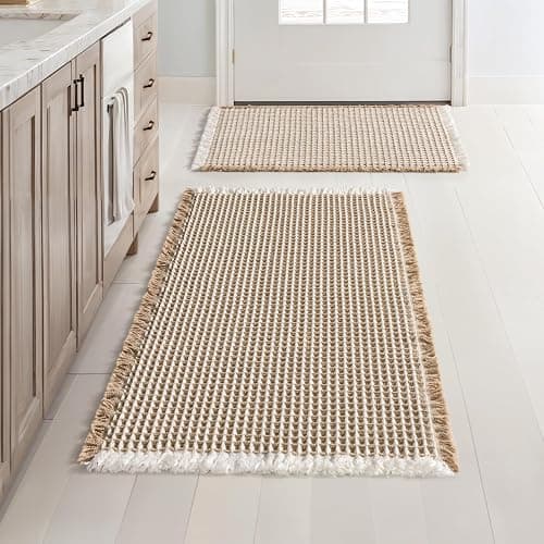 MIULEE Set of 2 Waffle Bathroom Rugs, Boho Bath Rugs Non Slip Washable, Super Absorbent Bath Mats, Ultra Soft Rubber Backed Shower Mats for Bathroom Floor, Tub, Brown & White, 17"x24"+18"x30" - Image 1