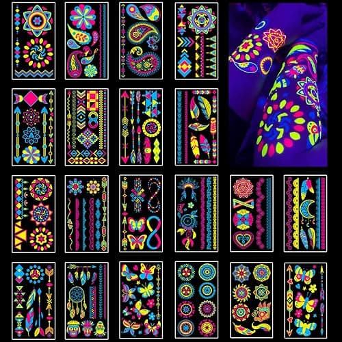Temporary Tattoos 170 PCS Glow in The Dark Tattoos that React to Neon UV Black Light, Tattoos for Kids Teens and Adult, Neon Glow Party Decorations, Glow in The Dark Party Supplies, Glow Party Favors - A-Blacklight Neon UV Tattoos - Image 1