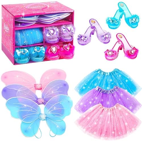 Princess Dresses with Fairy Wings, Dress Up Clothes Pretend Play Costumes | Toddler Dress Up with 3 Sets of Princess Dress Up Shoes, Glitter Girls Tutu Skirts and Butterfly Wings, Toys for 3-6 Girls - Image 1