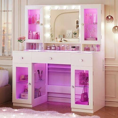 HUAHUU Vanity Desk with Mirror and RGB Lights, 43" Large Makeup Vanity with Glass Top, 4 Large Glass Cabinets, Power Outlet & 3 Drawers, 3 Colors Lighting Adjustable Brightness for Bedroom, White - Image 1