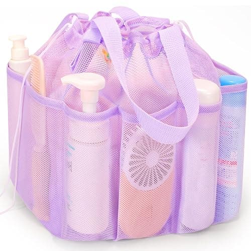 famichan Mesh Shower Caddy Portable with Drawstring, Dorm Room Essentials for College Students Girl & Boy, Larger Shower Bag for Camping,Swimming,Gym,Travel,Bathroom - Purple - Image 1