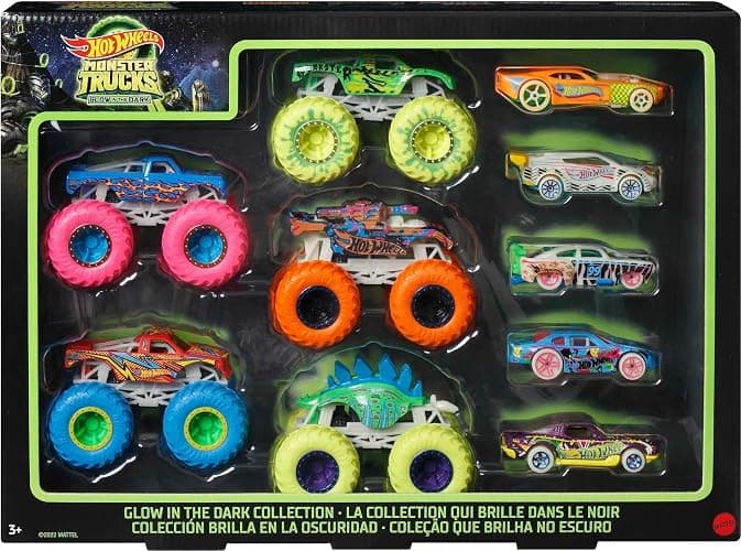 Hot Wheels Toy Monster Trucks 10-Pack of Glow-in-The-Dark 1:64 Scale Vehicles, GITD Set of 5 Trucks & 5 Cars, Play Vehicles for Kids & Collectors - Image 1