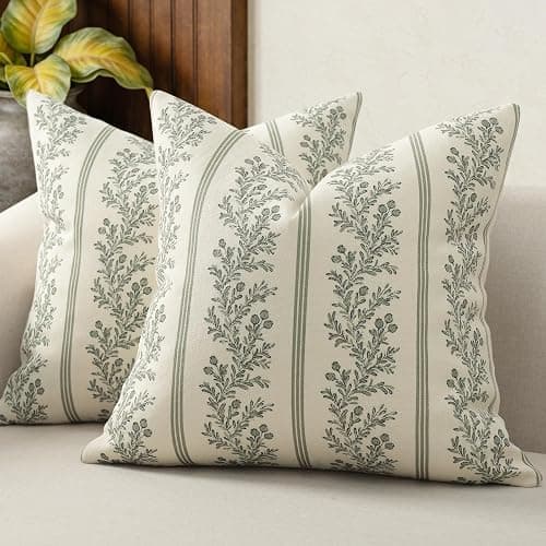 DKwizme Vintage Throw Pillow Covers 18x18 Set of 2, Striped Floral Pillow Cover Botanical Patterned Decorative Cushion Covers Modern Farmhouse Home Decor for Sofa Couch Bed Living Room, Moss Green - Image 1