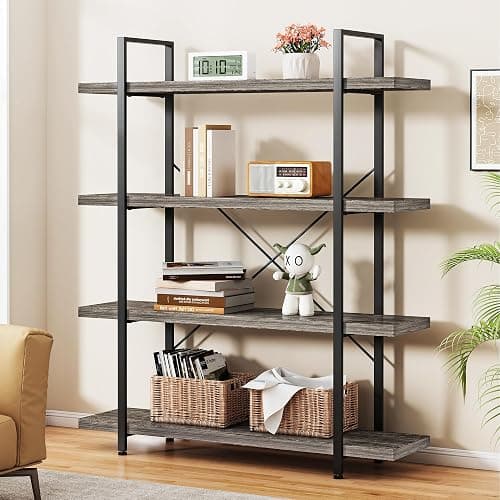 OtterOasis Heavy Duty 4-Tier Industrial Bookcase, 47" Wide Wood Bookshelf for Home Office, 120lbs Shelf Capacity, Rustic Shelving Display with Reinforced Horizontal Shelf for Living Room Bedroom,Grey - Image 1