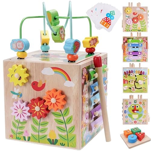 Wooden Activity Cube | Montessori Toys for 1 2 3 Year Old Toddlers | One Year Old 1st First Birthday Gift | Educational Toys for 12+ Months Baby Boys Girls | Bonus Sorting & Stacking Game (Pink) - Image 1
