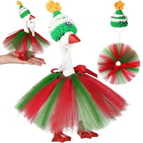 Sunnymove 7 Inch Christmas Mini Desk Goose Outfits with Christmas Tree shape Knitting Hat Red and Green Tutu Dress Mini Desk Goose Customs for Magnetic Statue Key Holder Decor - Image 1