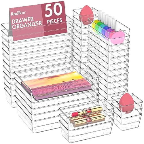 Radikor 50pcs Drawer Organiser Set, Clear Makeup Drawer Organiser Trays Plastic, 4-Size Desk Drawer Inserts Dividers, Acrylic Storage Bins for Makeup, Cosmetic, Officce, Bathroom, Gadgets - Image 1