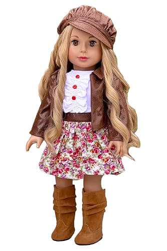 DreamWorld Collections - Urban Explorer - Clothes Fits 18 Inch Doll - Brown Motorcycle Jacket with Paperboy Hat, Dress and Boots - (Doll not Included) - Image 1
