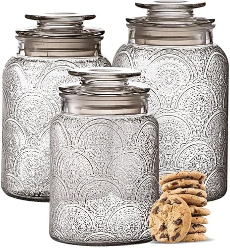 Le'raze Food Storage Containers with Airtight Lids - Retro Design - Pantry Organization, Glass Canisters Storage for Cookies, Tea, Sugar, Candy Jars, Sugar Packet, Set of 3 - Image 1