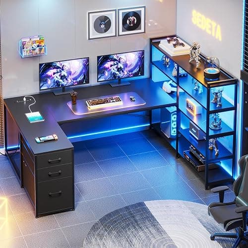 SEDETA L Shaped Gaming Desk, Reversible U Shaped Computer Desk with Power Outlet and Storage Shelves, Corner Gaming Desk with LED Lights, 3 Fabric Drawers, Black - Black - Drawers - Image 1