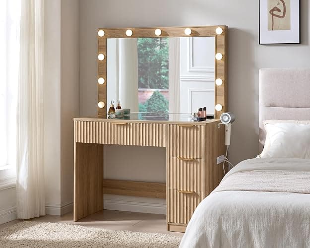 AMERLIFE 36.2" Fluted Vanity Desk with Large Mirror and Adjustable LED Lights, 4 Drawers Makeup Table with Glass Top and Charging Station for Women and Girls, Bedroom or Dorm, Oak - Image 1