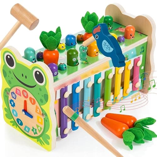 Amtreen 6-IN-1 Wooden Montessori Toys for 1 Year Old, Mole-Tapping Game | Play the Xylophone | Frog Clock | Carrot Harvest Game | Spinning Gear, Toddler Toys Aged 1-4, Baby Toy Gift for Early Learning - Image 1