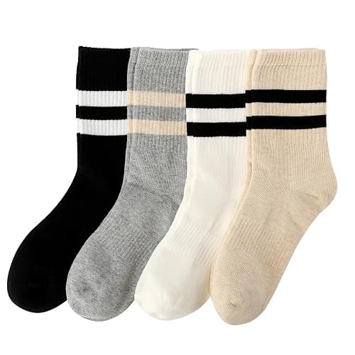 Striped Cotton Crew Socks for Women with Seamless Toe, Cute Casual Women’s Socks, Athletic Running Socks for Sport, Office, Home, School, 4 Pairs, Size 6-9 - Image 1