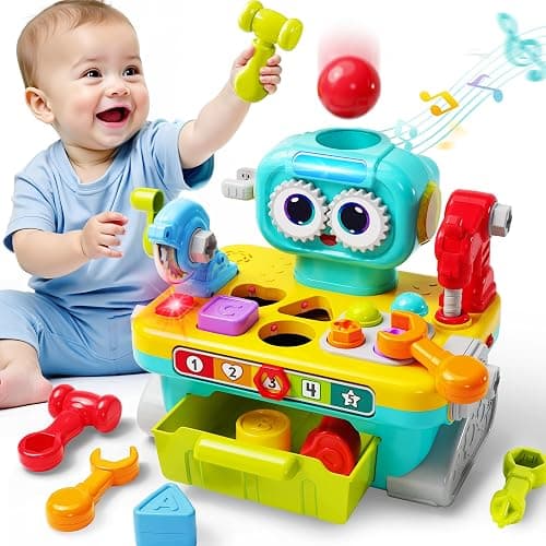 iPlay, iLearn Toddler Musical Workbench Toys for One Year Old Boys, Baby Pretend Play Tool Set, Infant Shape Sorter Activities, Kids Pounding Game, 1st Birthday Gift for 12 18 24 Month Girls Age 1 2 3 - Image 1