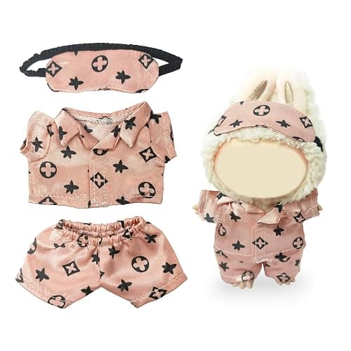 Clothes Compatible with LABUBU Doll - 3PCS Classic Set, 17cm Doll Clothes Designer Outfit for Cozy Night Theme, Stylish Luxury Pajama Accessories for Labubu, No Doll (Rosy Sleepwear Set) - Image 1
