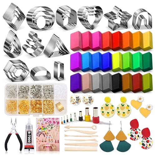 Polymer Clay Earring Making Kit- 30 Clay Earring Cutters, 24 Color Polymer Clay, 8 Circle Cutters, Rollers, B7000 Glue, 640 PCS Earrings Making Tools Accessories for Jewelry DIY (Instructions Include) - Image 1