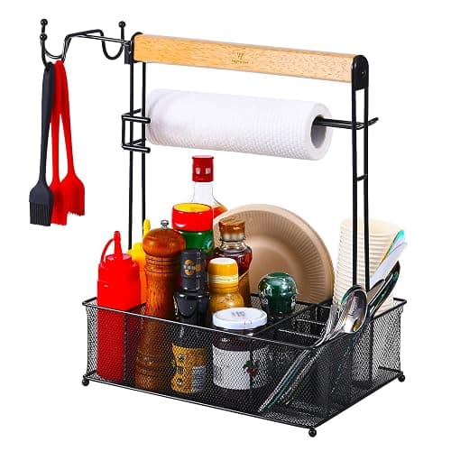 VIKEYHOME Grill Caddy, Picnic BBQ Organizer for Camping Outdoor Mesh Basket with 3 Hanging Hooks and Paper Towel Holder, Ideal Table Storage Tools for RV Camper/Tailgating/Flatware - Image 1