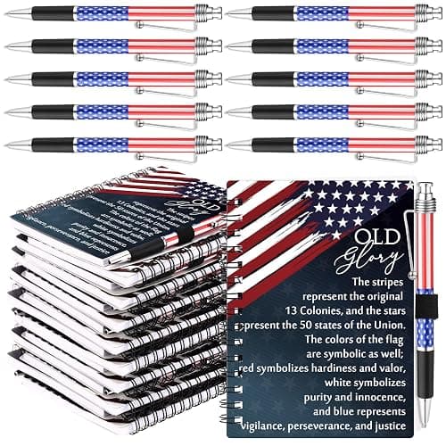 Resurhang 60 Pcs 30 Sets Veterans Gifts Bulk American Flag Patriotic Notebooks Red White Blue Spiral Notebooks with Bands Military Ballpoint Pens USA Stars Retractable Pens for Veterans Day Souvenirs - Image 1