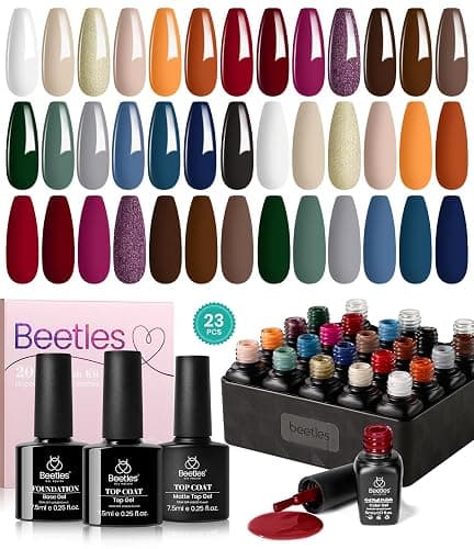 Beetles Fall Gel Nail Polish Kit - 23Pcs Burgundy Red Brown Orange Purple Colors Gel Polish Set Brown Gray Blue Green Soak Off Uv Gel Base Top Coat Gifts for Girls Glowing Attraction - Image 1