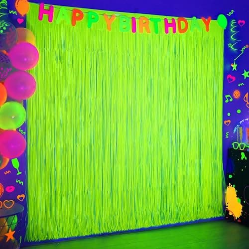 Mega-L Glow in The Dark Party Supplies, 2 Pack Neon Party Decorations 6.6 x 6.6 ft Fluorescent Macaron Yellow Tinsel Foil Fringe Curtains, Photo Booth Prop Backdrop Streamer, Blacklight Decorations - 6.6 × 6.6 ft(2 Pack) - Image 1