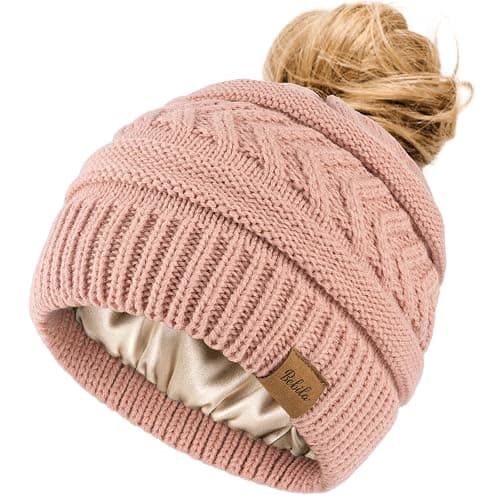 Bebila Ponytail Beanies for Women, Smooth Satin Lined Winter Knit Hat | Silky Lining with Ponytail Hole, Anti-Static, Warm & Soft Hat for Messy Bun & Casual Running Gifts - Image 1