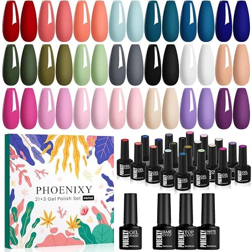 PHOENIXY 24 PCS Gel Nail Polish Set, 21 Colors U V Gel Nail Polish Kit with Base Glossy Matte Top Coat Black Gray Red Valentine Nail Kit Gifts for Women - Image 1