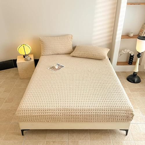 Waffle Weave Queen Fitted Sheet Deep Pocket 15" - Ultra Soft Textured Bed Sheet with Elastic All Around - Breathable Hotel Quality Bedding, Sand Beige - Image 1