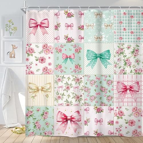 Newsely Boho Bow Floral Shower Curtain 72Wx72L Inch Cute Retro Checkered Patchwork Colorful Flower Pink Green Coquette Girly Bathroom Set Girls Woman Waterproof Bath Decoration Accessories Home Decor - Image 1