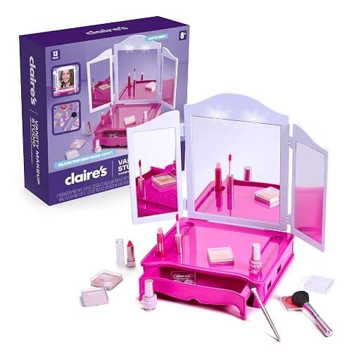 Claire's Makeup Vanity with Light-Up Tri-Panel Mirror, 13-Piece Real Cosmetic Set, Pretend Play Makeup for Kids 8-12, Girl Toys & Beauty Activity Gift with Lip Gloss, Lipstick, Nail Polish & More - Image 1